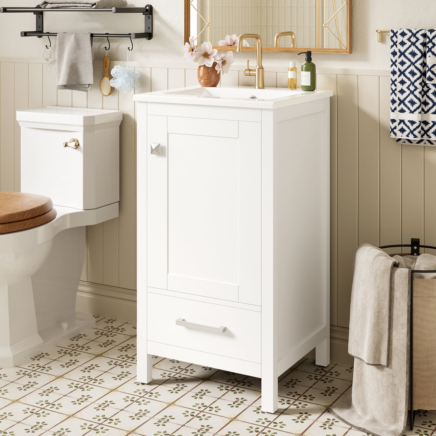 18-Inch Solid Wood Bathroom Vanity with Ceramic Sink, Soft-Closing Door, and Storage