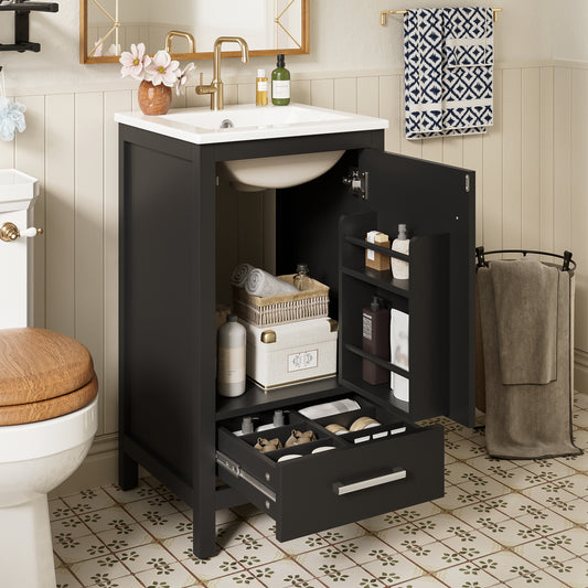 Solid Wood Bathroom Vanity with Ceramic Sink, Soft-Closing Door, and Storage, 18-Inch