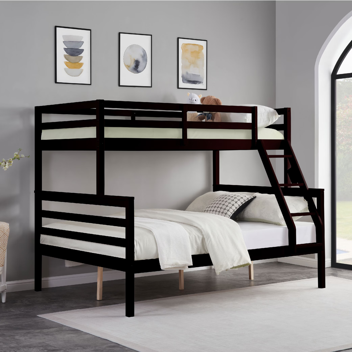 CAFORKP Solid Wood Twin Over Full Bunk Bed with Ladder and High Guardrail – Ideal for Kids & Teens, Dark Brown
