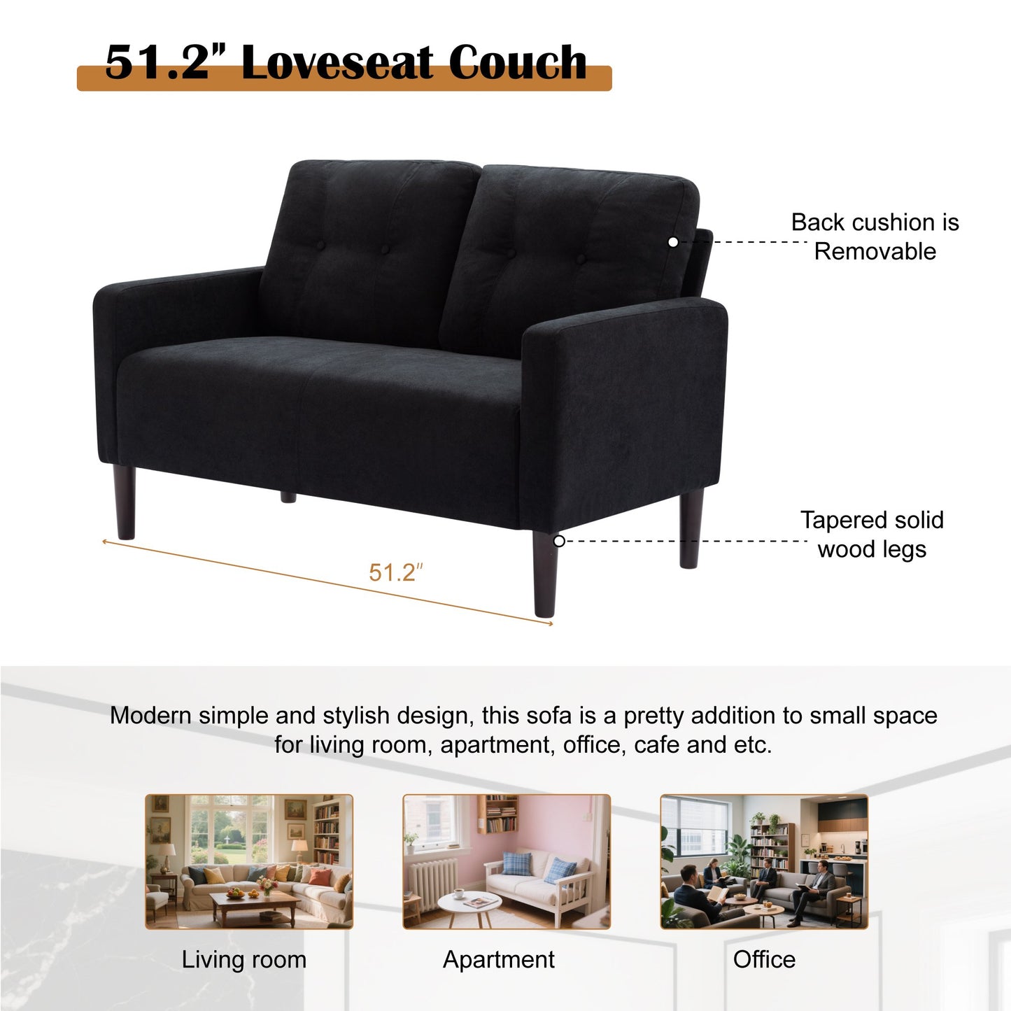CAFORKP 51.2" Black Loveseat Sofa with Removable Cushions, Solid Wood Frame, Modern Design
