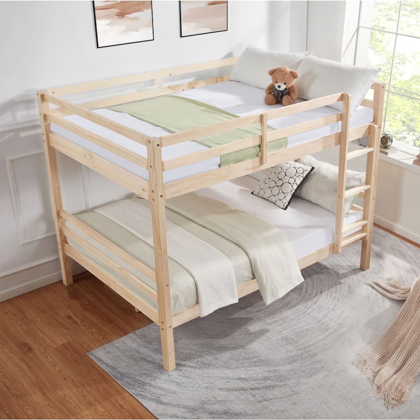 CAFORKP Full Over Full Solid Wood Bunk Bed with Thick Posts, High Guardrail & Ladder, 400LBS Capacity - Natural Wood