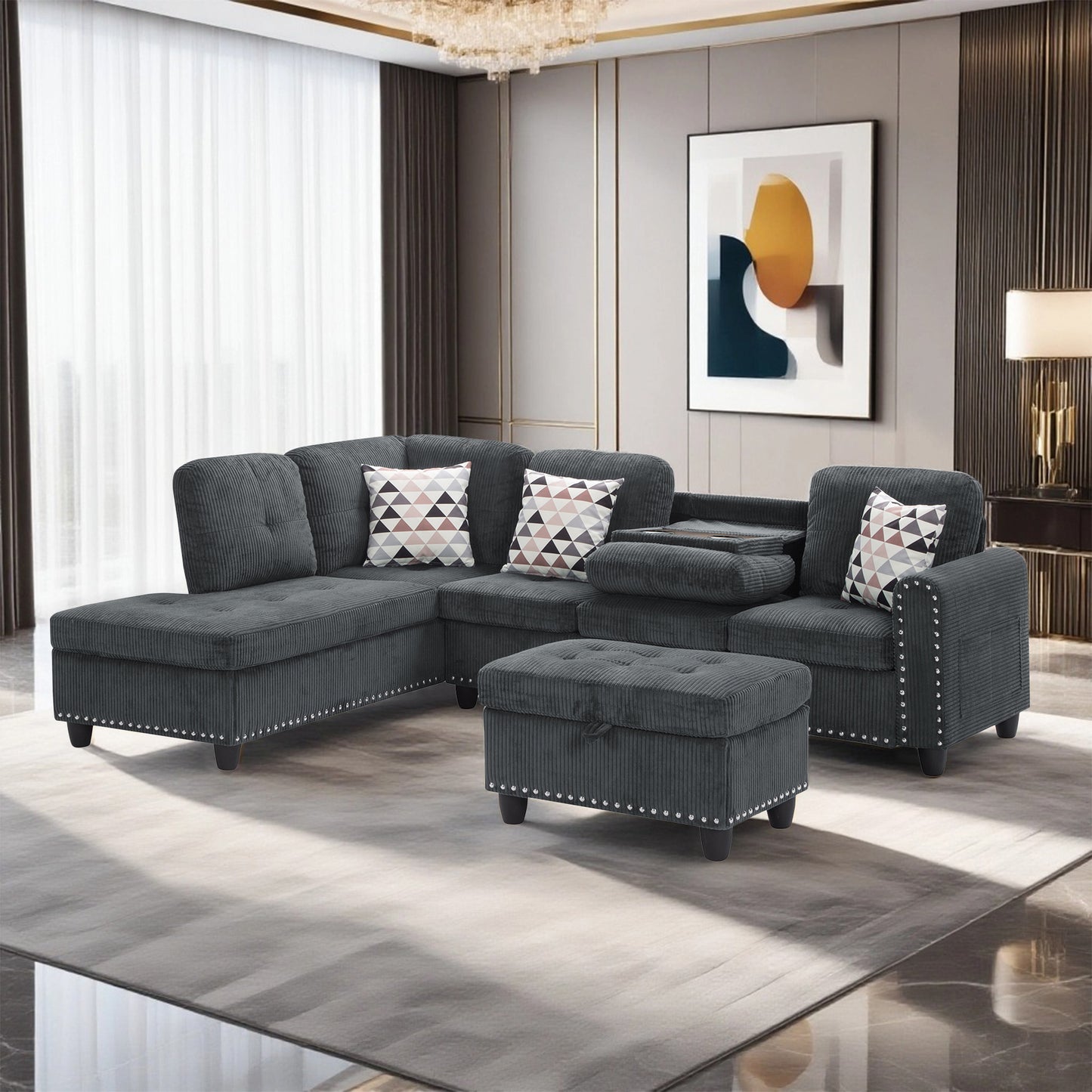 CAFORKP Oversized Modular Sectional Sofa, 94 inch L-Shaped Corduroy Couch with Movable Ottoman and 6 Seats