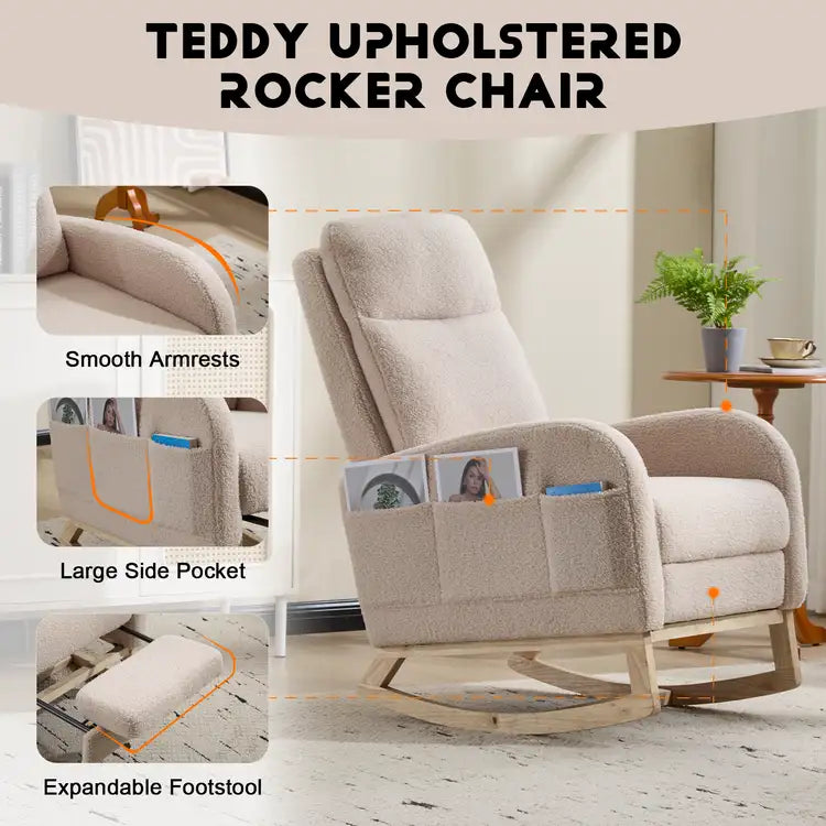 CAFORKP Rocking Chair, Upholstered Glider with High Back and Wood Base, for Nursery and Bedroom, Beige