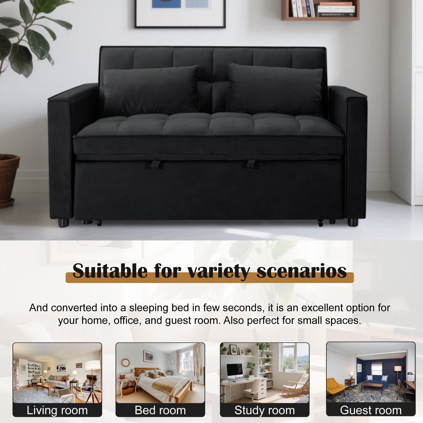 CAFORKP 55" Twin Size Pull-out Sleeper Sofa Bed with Reclining Back, Velvet Upholstery, Black