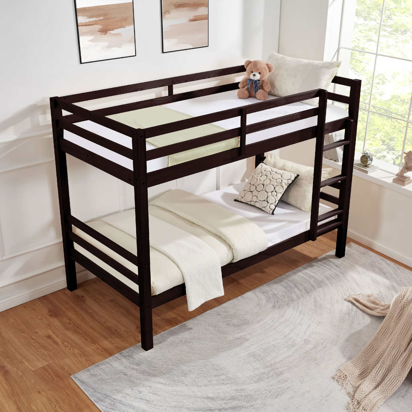 CAFORKP Solid Wood Twin over Twin Bunk Bed with Thickened Posts, Ladder & Guardrails, 400lbs Capacity,Dark Brown