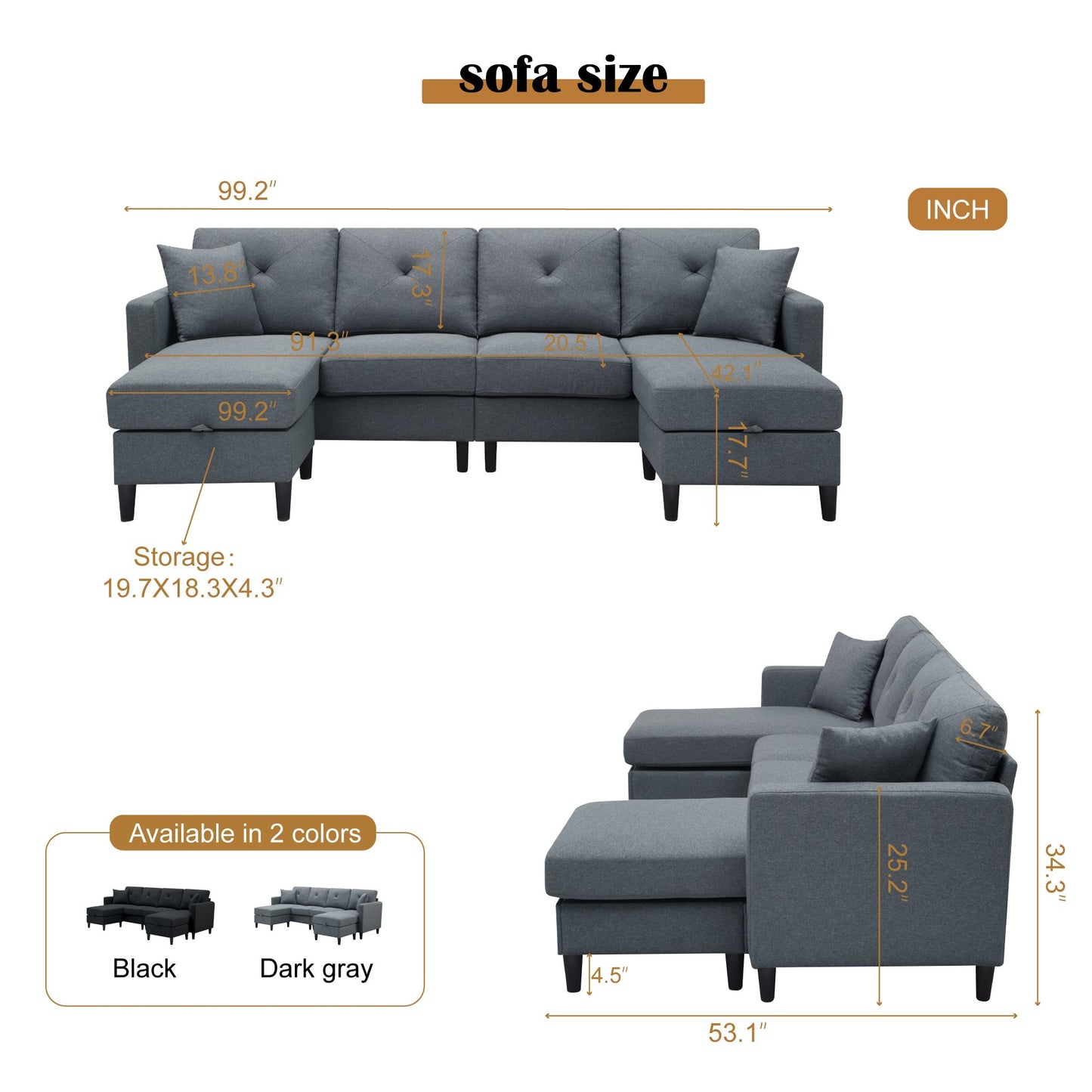 CAFORKP 99.2" U-Shaped Modular Sectional Sofa, Upholstered, Modern Design, Gray