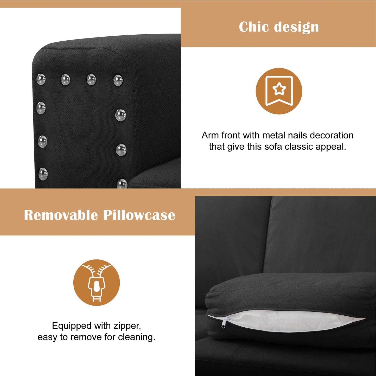 CAFORKP 107.9" Reversible L-Shaped Sectional Sofa, Upholstered, Tufted, 5-Seater, Black