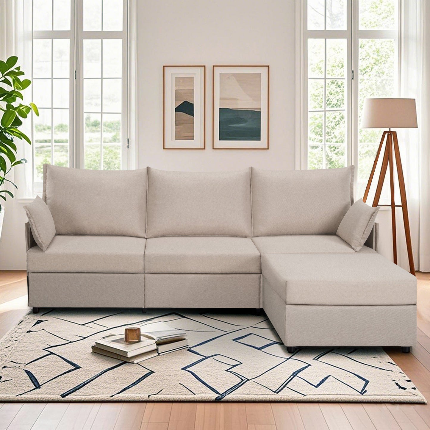 CAFORKP 93.7” Sectional Sofa with ottoman, this modern style,Beige