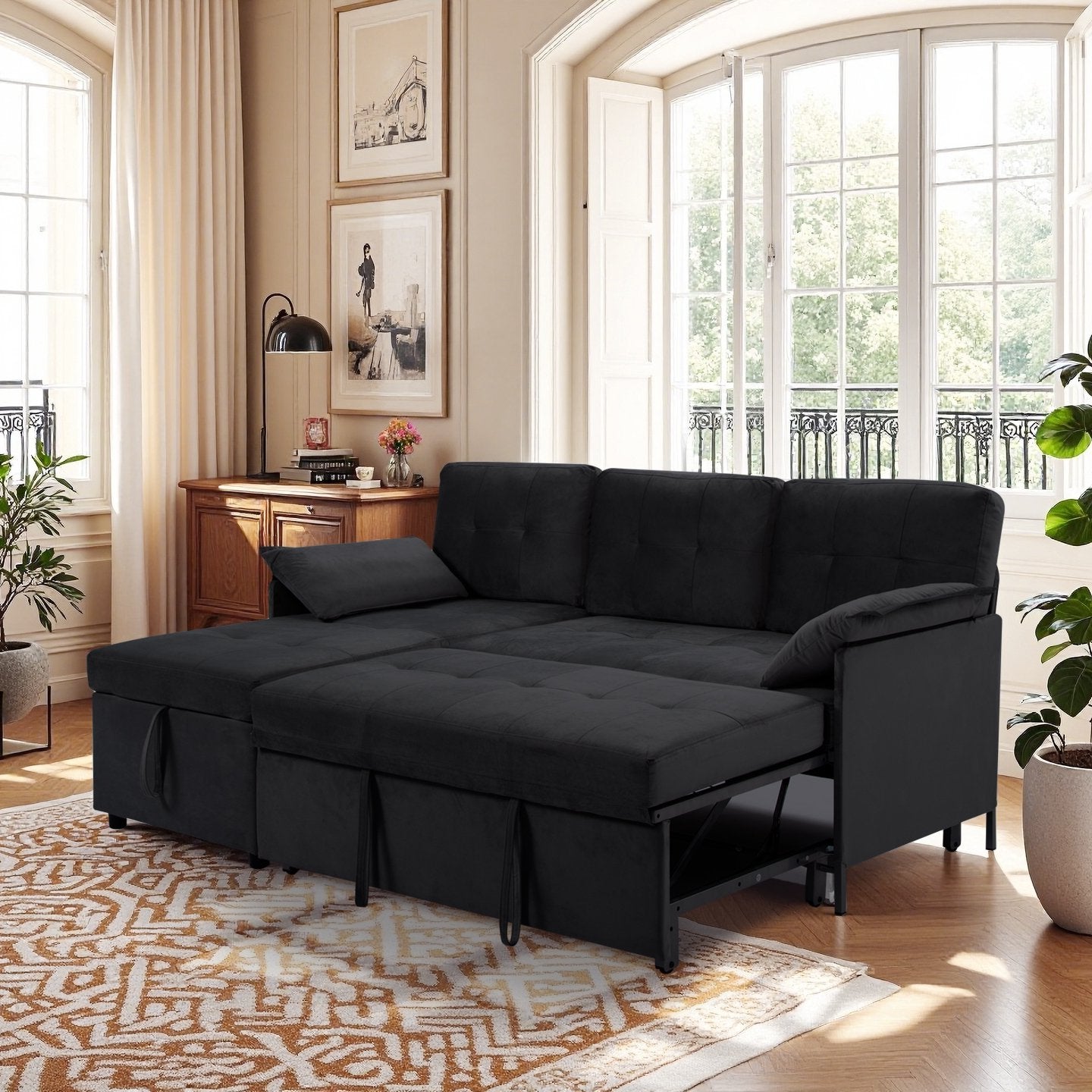 CAFORKP 77.6” Reversible Sectional Sleeper Sofa with Pull-out Bed and Storage Chaise, Velvet, Black