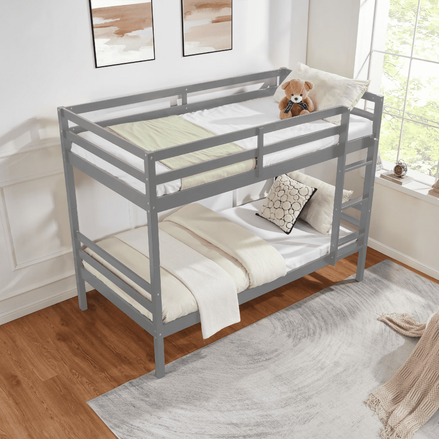 CAFORKP Solid Wood Bunk Bed for Kids with Safety Guardrail, 400 lbs Weight Capacity - Grey