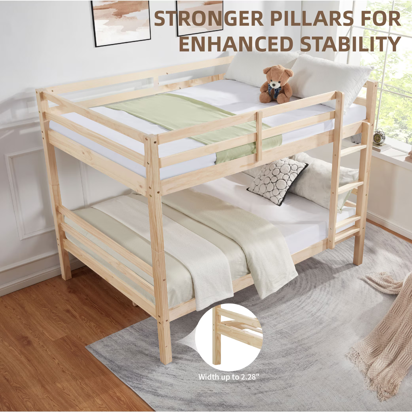 CAFORKP Full Over Full Solid Wood Bunk Bed with Thick Posts, High Guardrail & Ladder, 400LBS Capacity - Natural Wood
