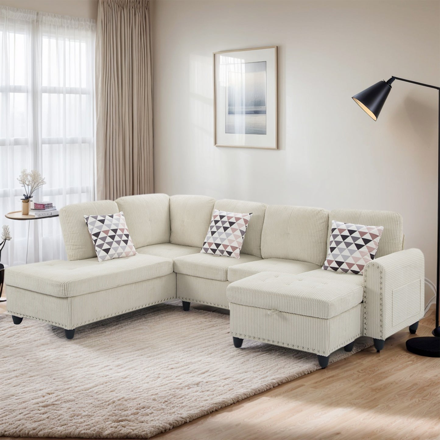 CAFORKP Oversized Modular Sectional Sofa, 94 inch L-Shaped Corduroy Couch with Movable Ottoman and 6 Seats