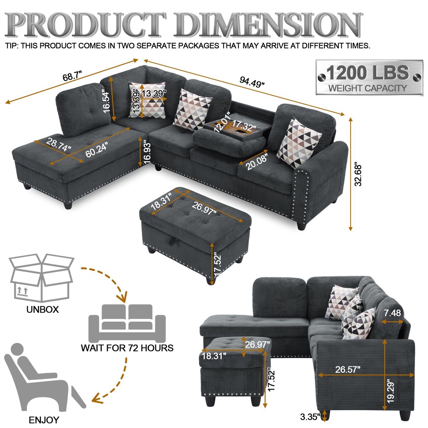 CAFORKP Oversized Modular Sectional Sofa, 94 inch L-Shaped Corduroy Couch with Movable Ottoman and 6 Seats