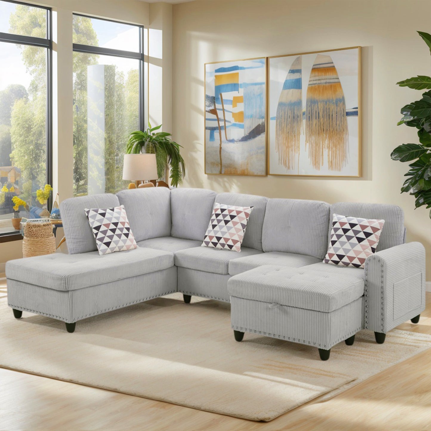 CAFORKP Oversized Modular Sectional Sofa, 94 inch L-Shaped Corduroy Couch with Movable Ottoman and 6 Seats