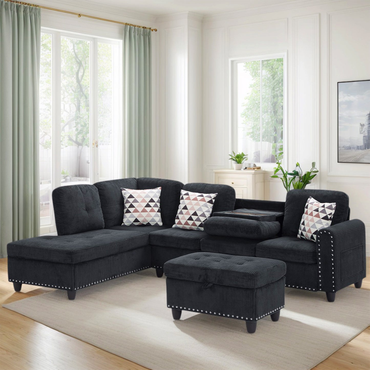 CAFORKP Oversized Modular Sectional Sofa, 94 inch L-Shaped Corduroy Couch with Movable Ottoman and 6 Seats