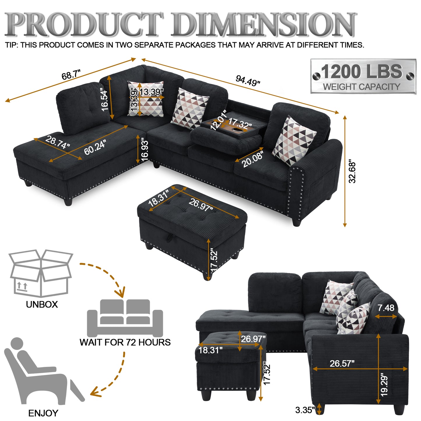 CAFORKP Oversized Modular Sectional Sofa, 94 inch L-Shaped Corduroy Couch with Movable Ottoman and 6 Seats