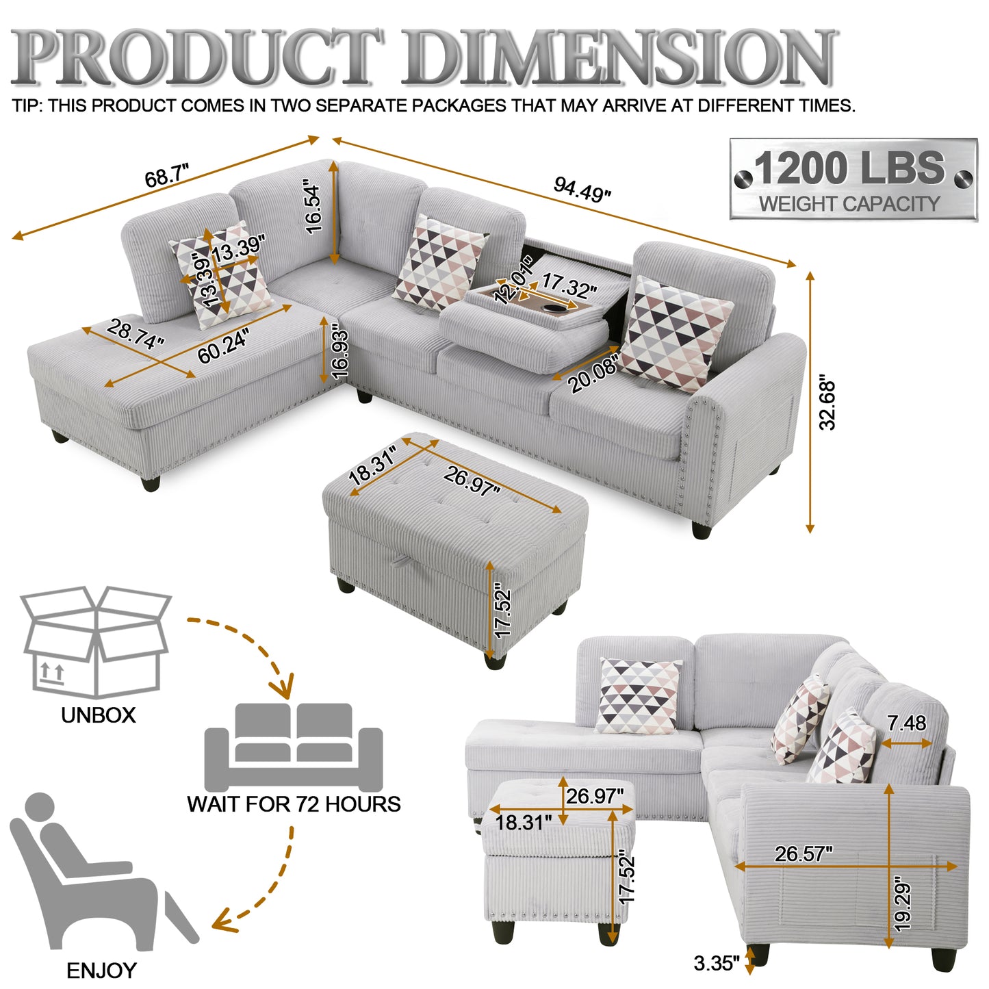 CAFORKP Oversized Modular Sectional Sofa, 94 inch L-Shaped Corduroy Couch with Movable Ottoman and 6 Seats