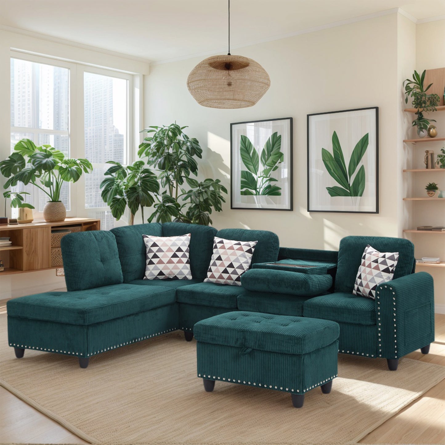 CAFORKP Oversized Modular Sectional Sofa, 94 inch L-Shaped Corduroy Couch with Movable Ottoman and 6 Seats