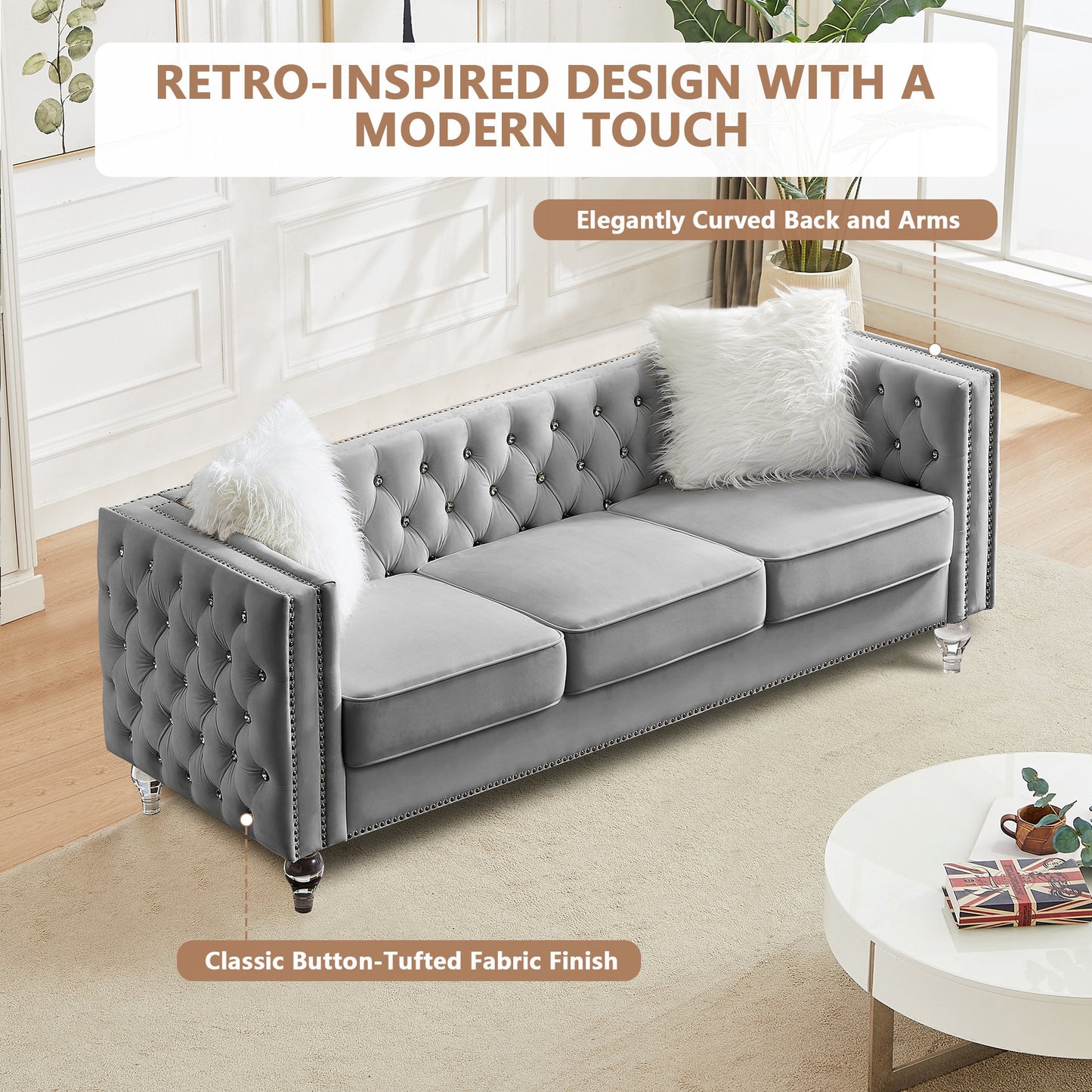 CAFORKP Velvet 3-Seater Sofa, Solid Wood Frame, Button Tufted, Curved Arms, Polyester Upholstery, Gray