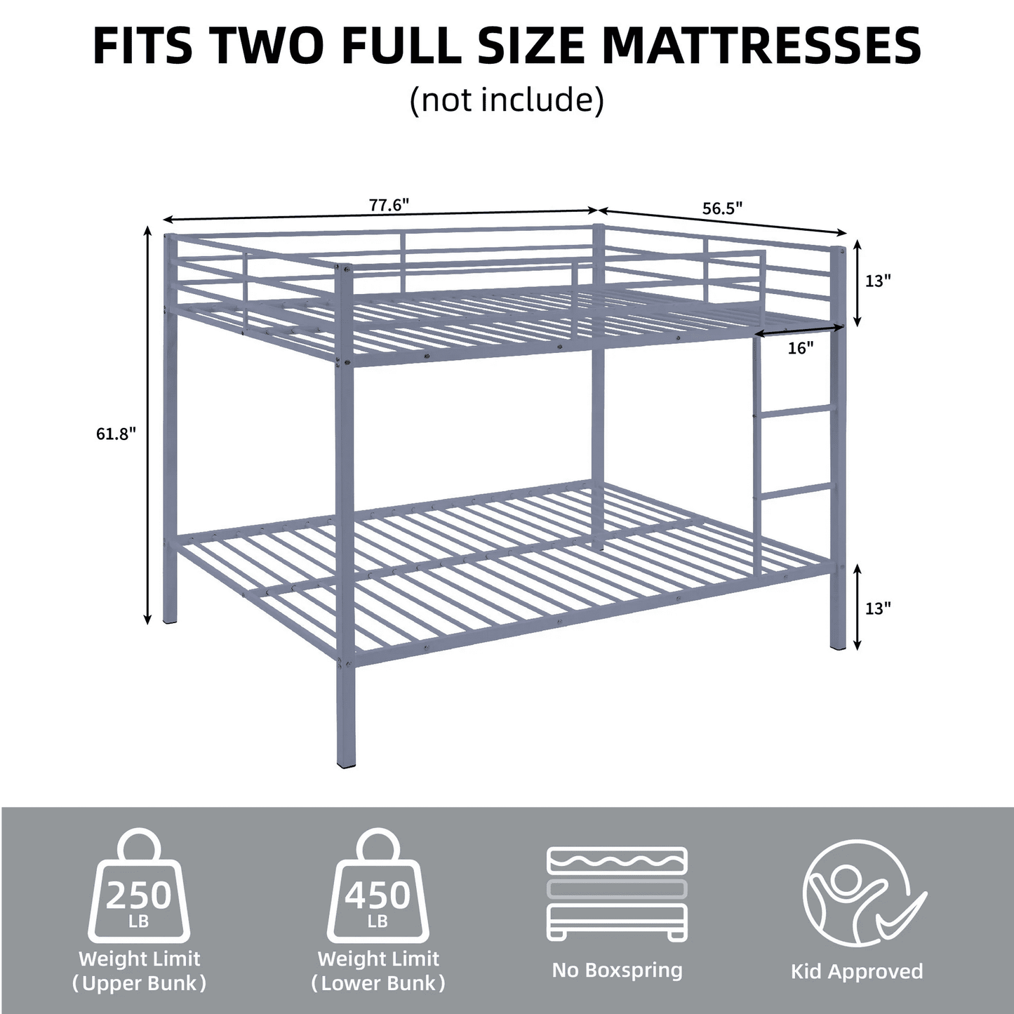 CAFORKP Heavy Duty Metal Full Over Full Bunk Bed with Ladder, Safety Guardrail & Steel Slats for Kids, Gray