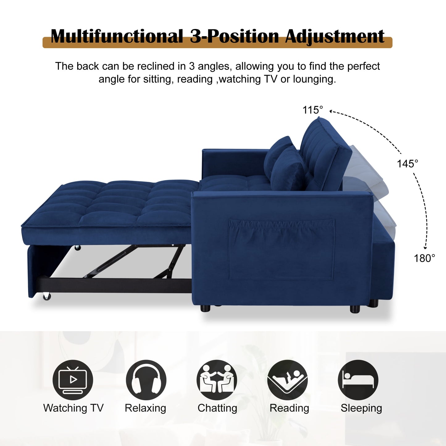 CAFORKP 55" Twin Size Pull-out Sleeper Sofa Bed with Reclining Back, Velvet Upholstery, Blue