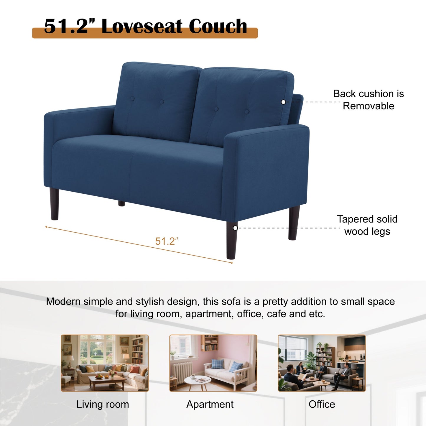 CAFORKP 51.2" Navy Blue Loveseat Sofa with Removable Cushions, Solid Wood Frame, Modern Design