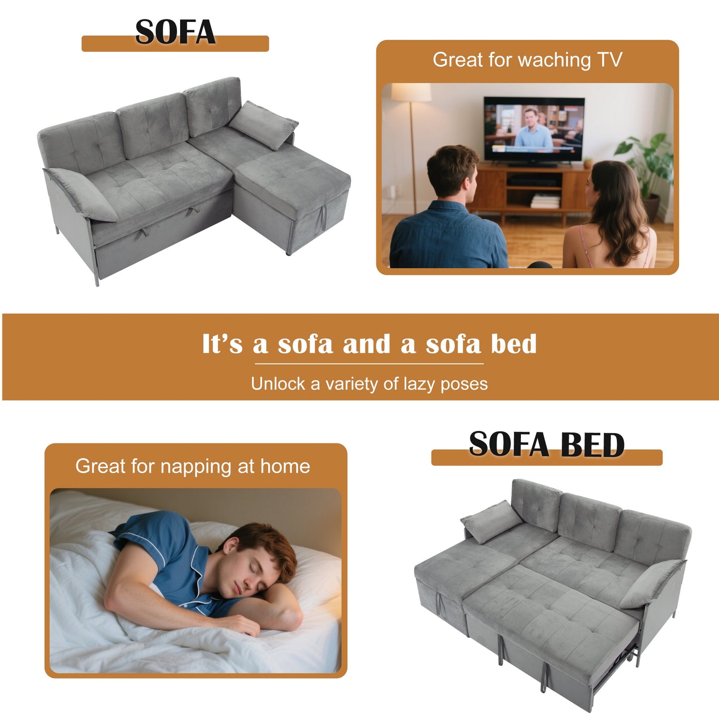 CAFORKP 77.6” Reversible Sectional Sleeper Sofa with Pull-out Bed and Storage Chaise, Velvet, Gray
