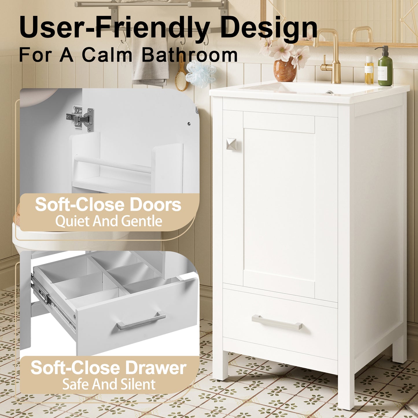 18-Inch Solid Wood Bathroom Vanity with Ceramic Sink, Soft-Closing Door, and Storage