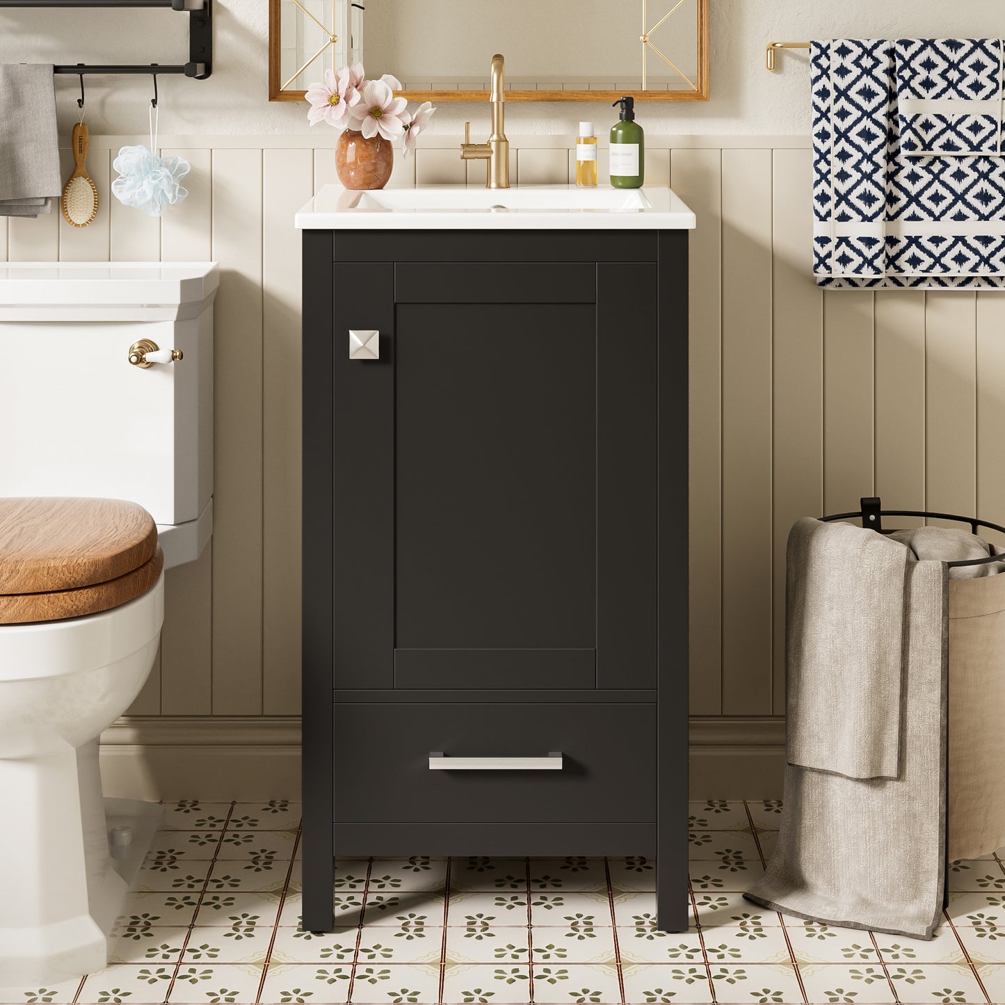 Solid Wood Bathroom Vanity with Ceramic Sink, Soft-Closing Door, and Storage, 18-Inch