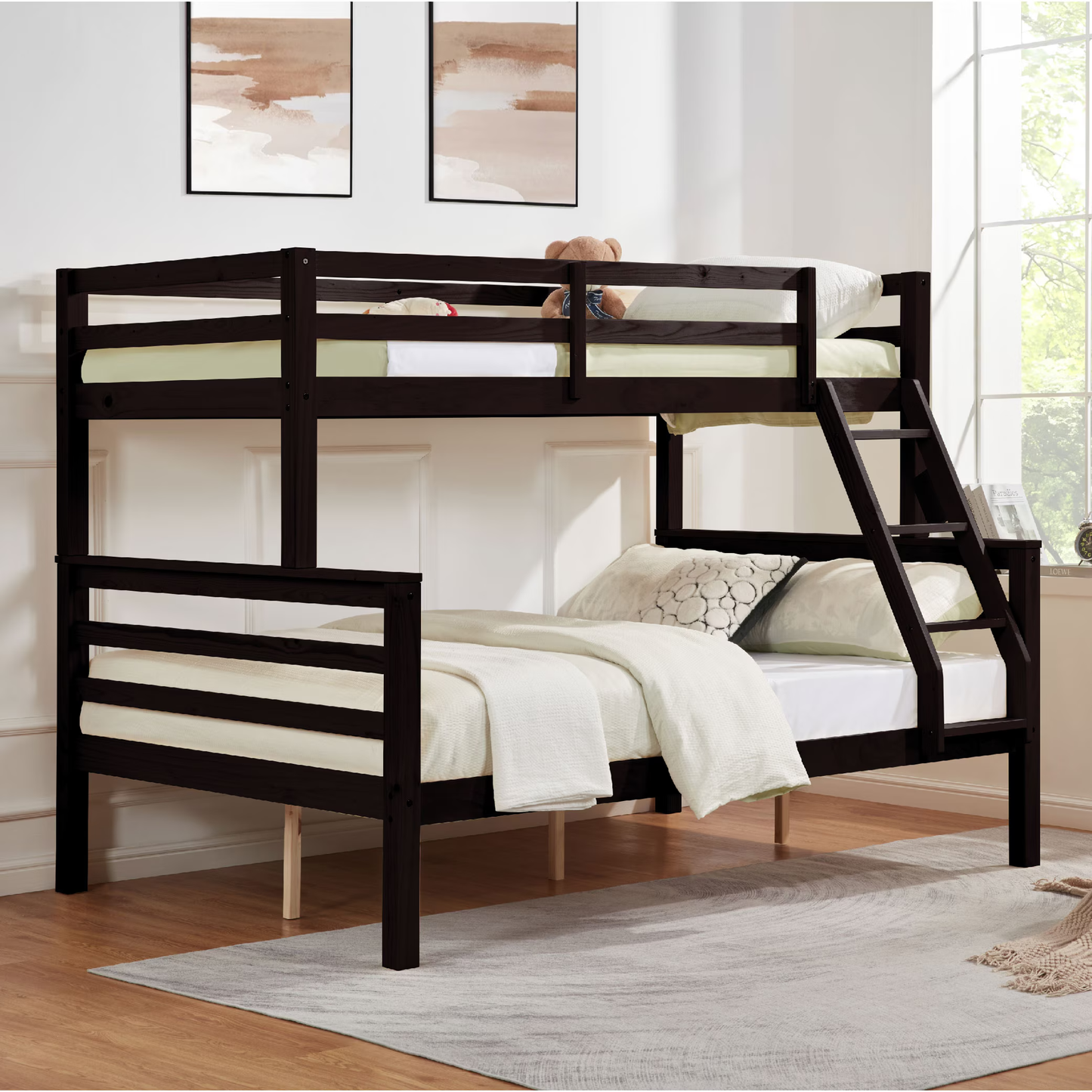 CAFORKP Twin Over Full Wooden Bunk Bed with Thick Posts, High Guardrail & Ladder for Kids, Brown