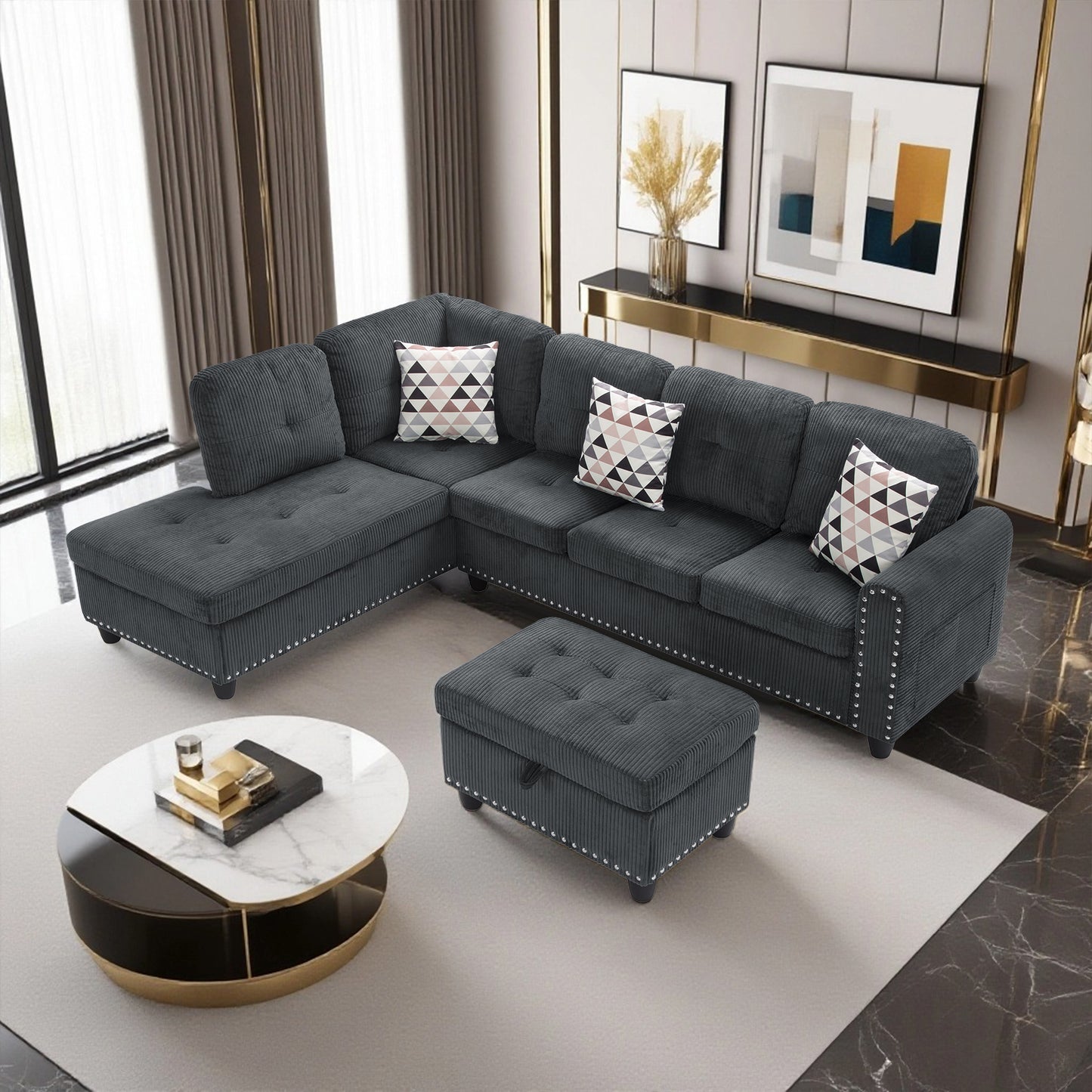 CAFORKP Oversized Modular Sectional Sofa, 94 inch L-Shaped Corduroy Couch with Movable Ottoman and 6 Seats