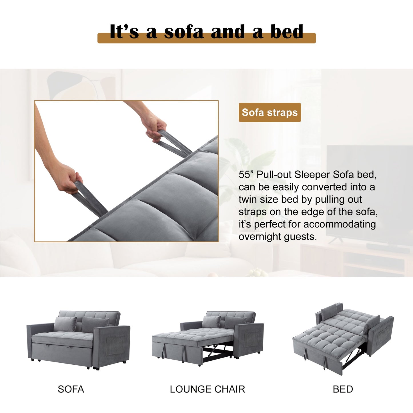 CAFORKP 55" Twin Size Pull-out Sleeper Sofa Bed with Reclining Back, Velvet Upholstery, Gray