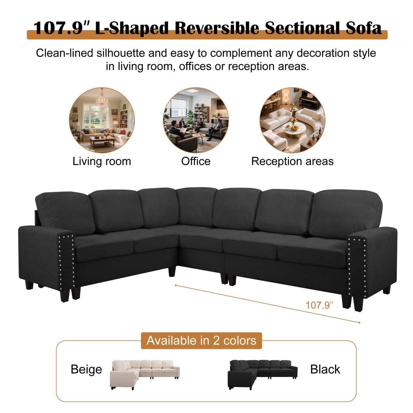 CAFORKP 107.9" Reversible L-Shaped Sectional Sofa, Upholstered, Tufted, 5-Seater, Black