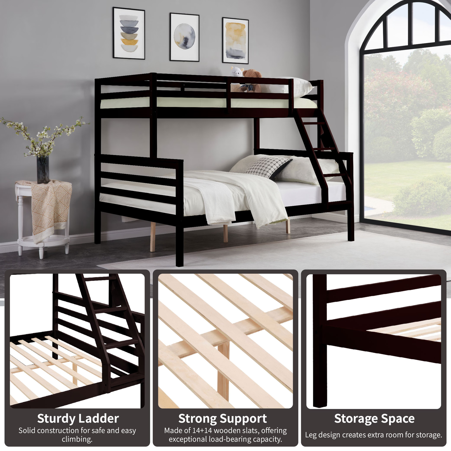 CAFORKP Solid Wood Twin Over Full Bunk Bed with Ladder and High Guardrail – Ideal for Kids & Teens, Dark Brown