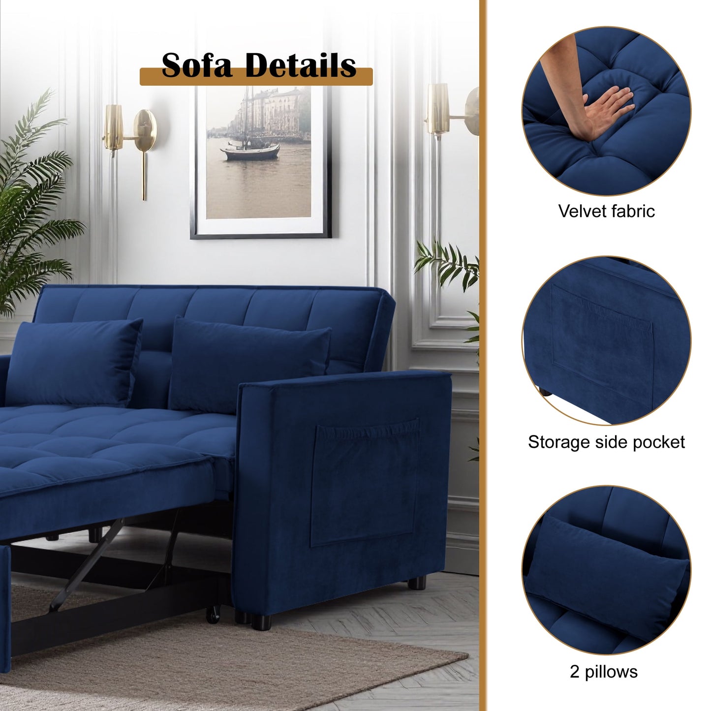 CAFORKP 55" Twin Size Pull-out Sleeper Sofa Bed with Reclining Back, Velvet Upholstery, Blue