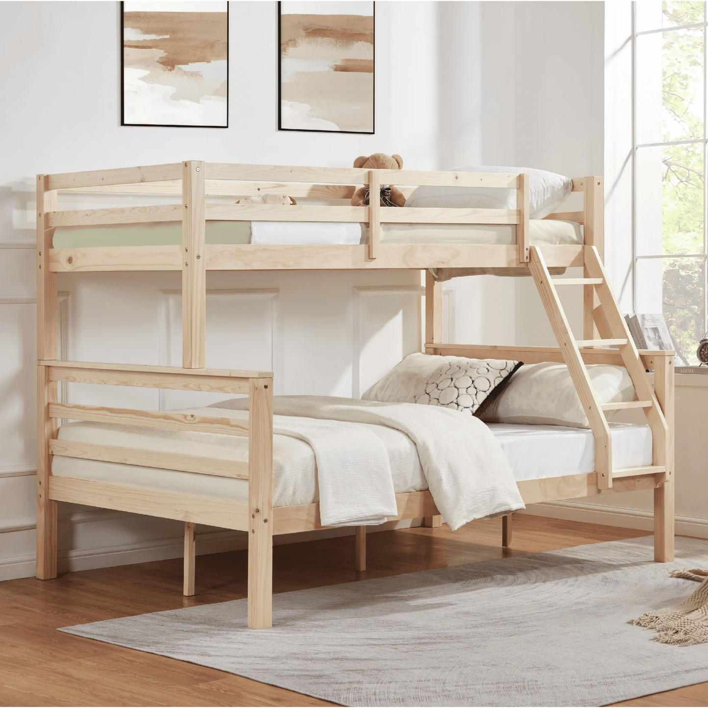 CAFORKP Twin Over Full Wooden Bunk Bed with Thick Posts, High Guardrail & Ladder for Kids, Natural Wood