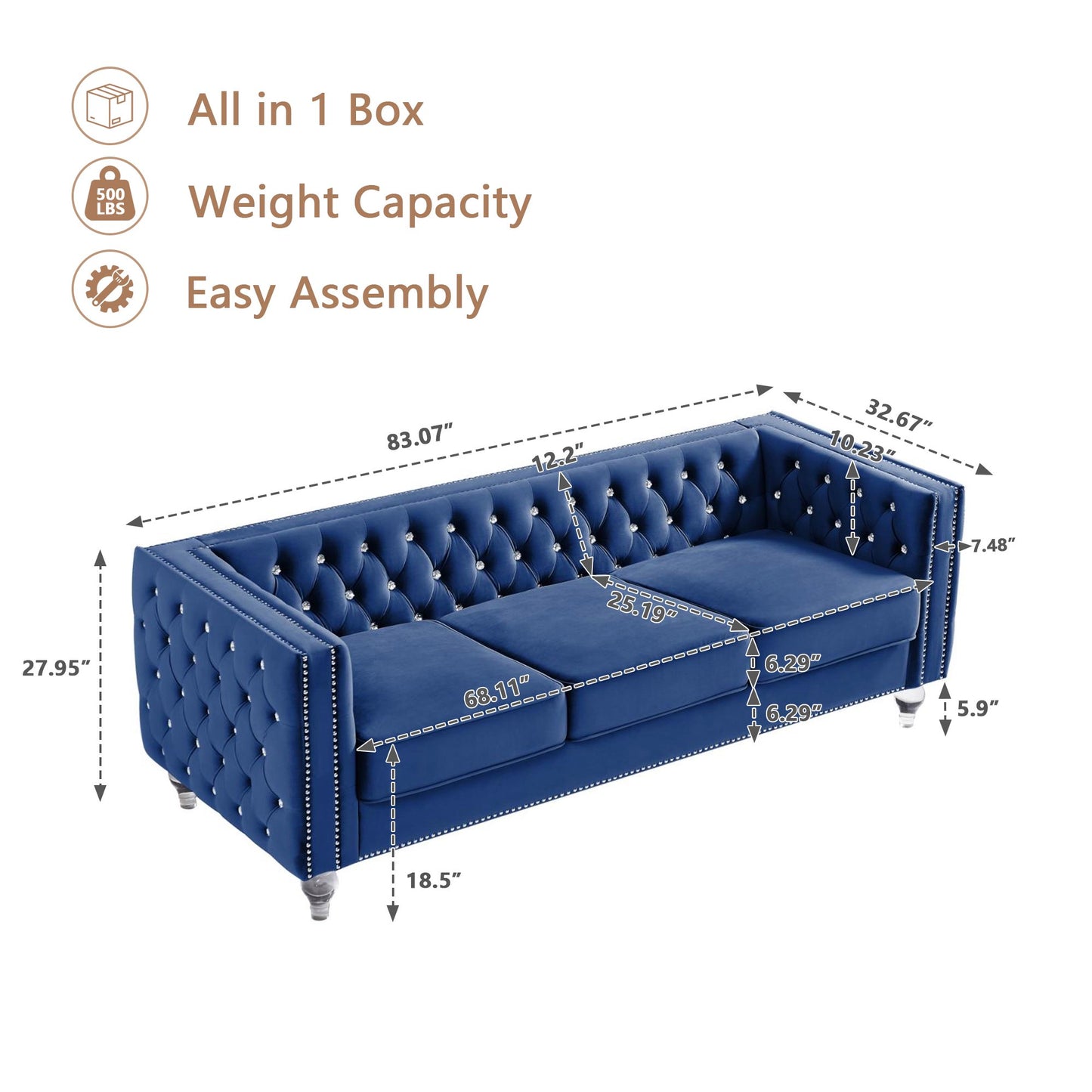 CAFORKP Velvet 3-Seater Sofa, Solid Wood Frame, Button Tufted, Curved Arms, Polyester Upholstery, Navy Blue