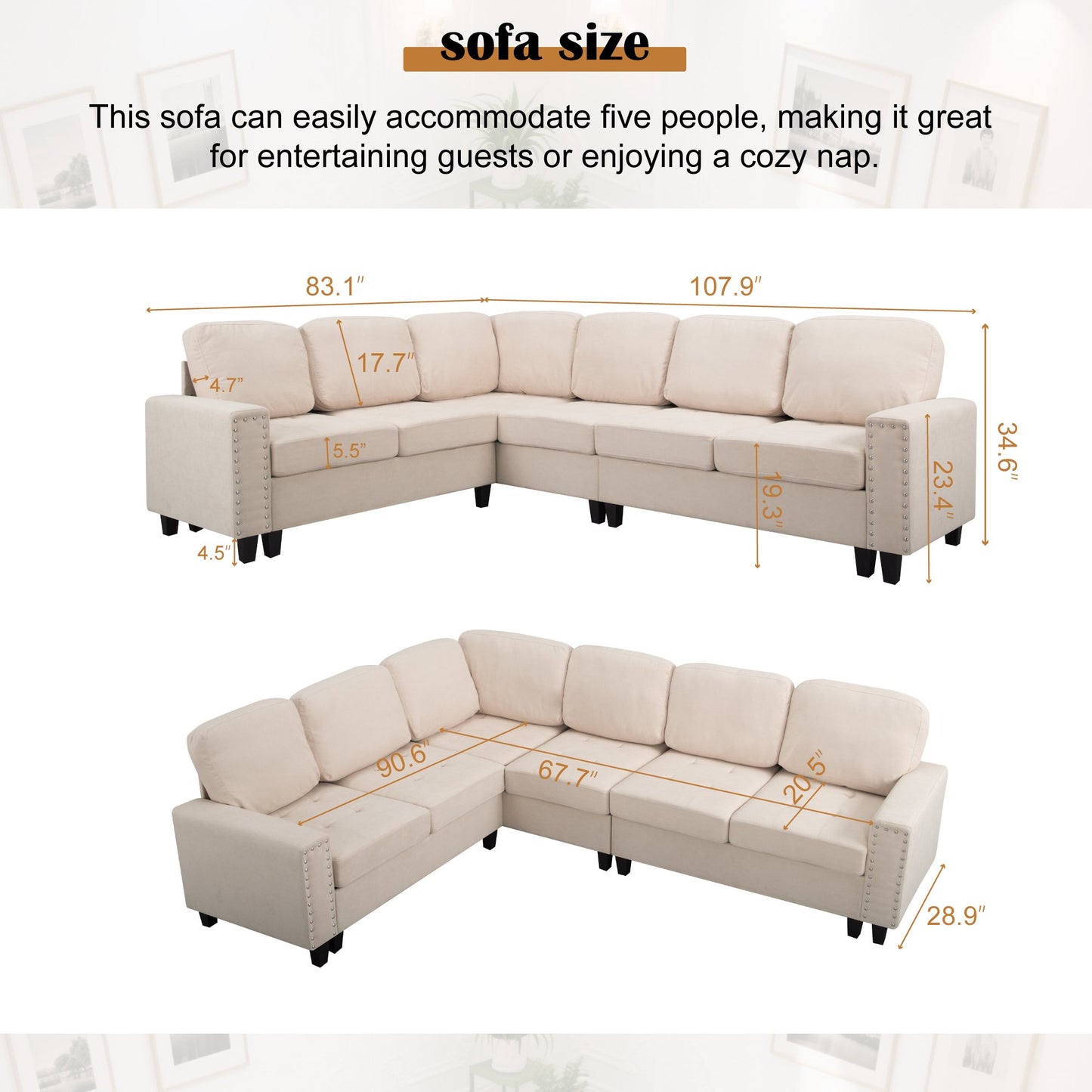 CAFORKP 107.9" Reversible L-Shaped Sectional Sofa, Upholstered, Tufted, 5-Seater, Beige