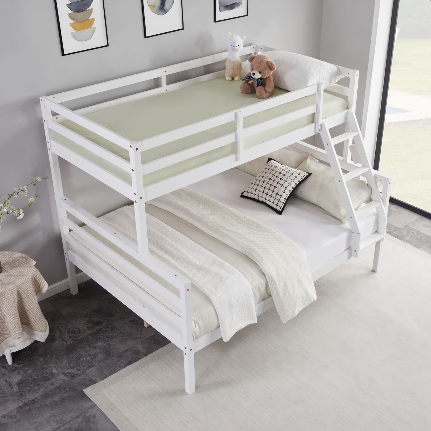CAFORKP Solid Wood Twin Over Full Bunk Bed with Ladder and High Guardrail – Ideal for Kids & Teens, White