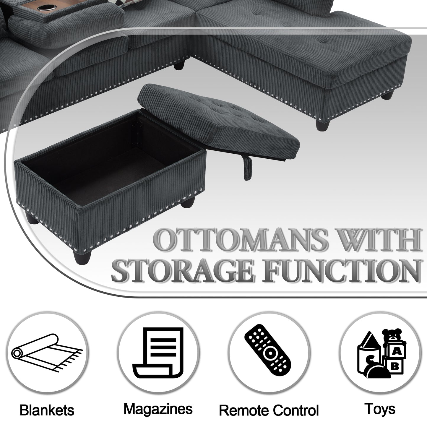CAFORKP Oversized Modular Sectional Sofa, 94 inch L-Shaped Corduroy Couch with Movable Ottoman and 6 Seats