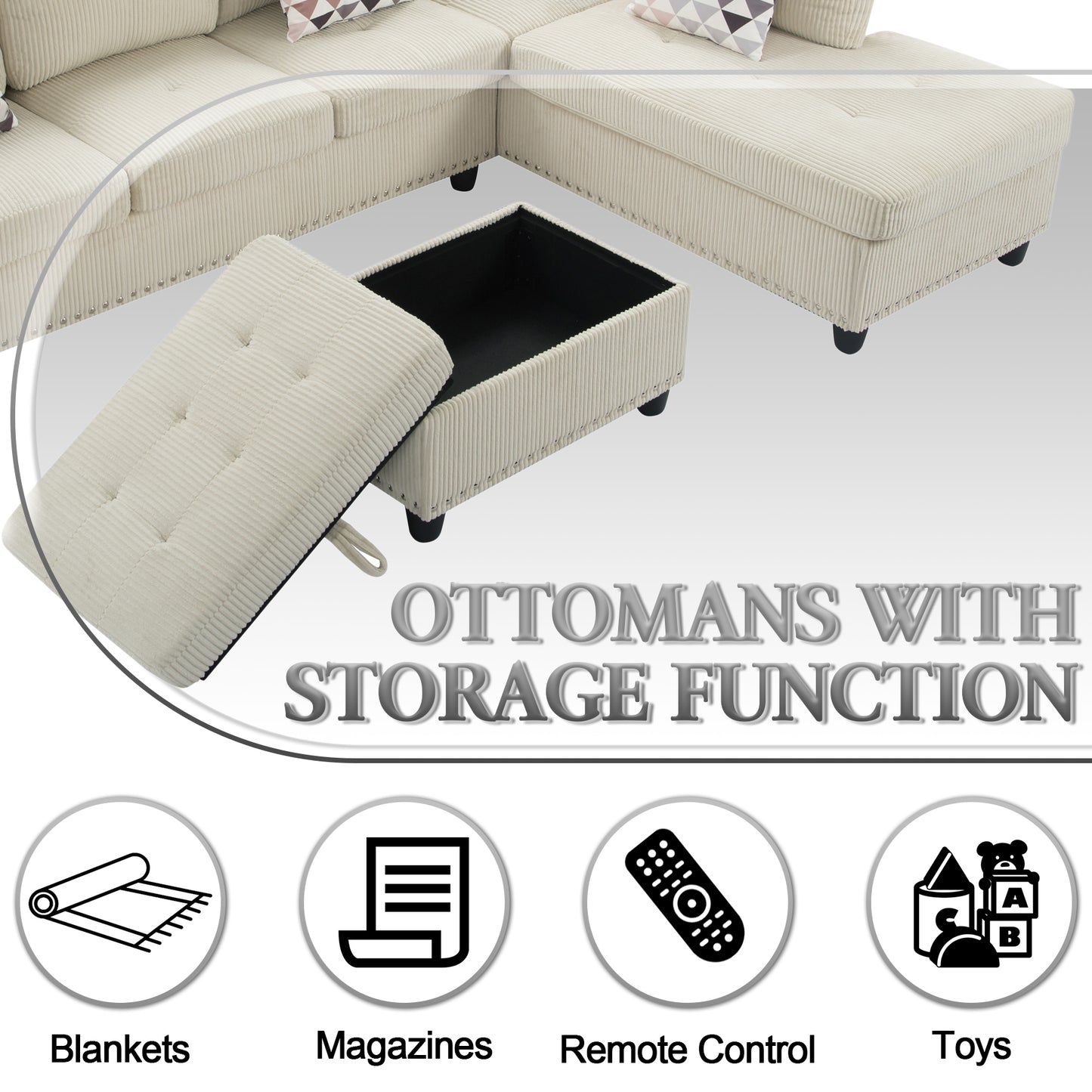 CAFORKP Oversized Modular Sectional Sofa, 94 inch L-Shaped Corduroy Couch with Movable Ottoman and 6 Seats