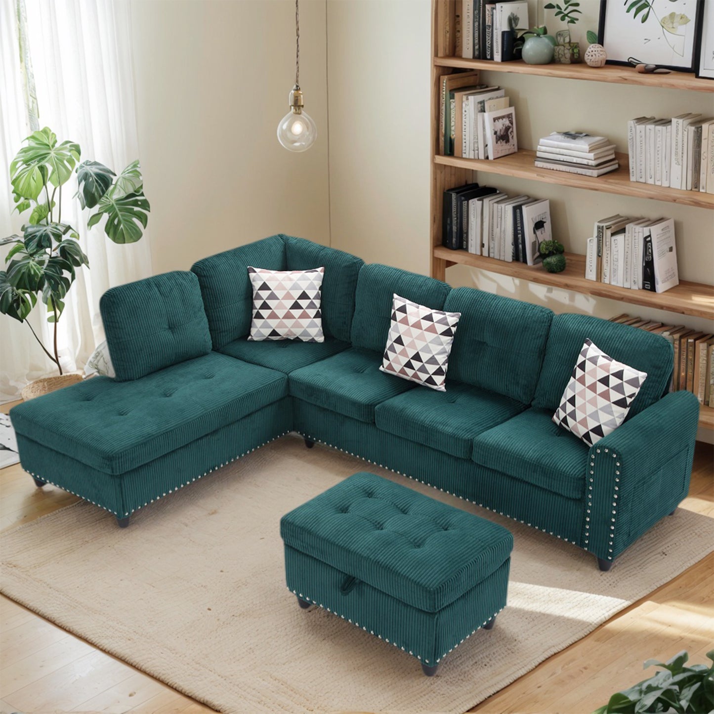 CAFORKP Oversized Modular Sectional Sofa, 94 inch L-Shaped Corduroy Couch with Movable Ottoman and 6 Seats