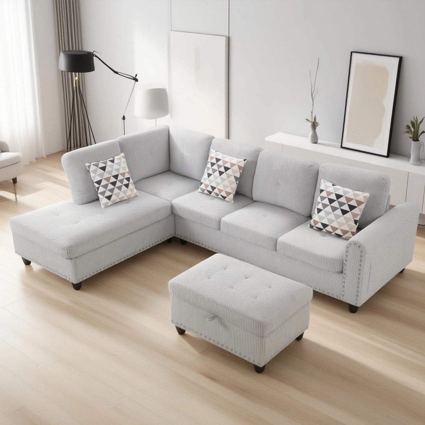 CAFORKP Oversized Modular Sectional Sofa, 94 inch L-Shaped Corduroy Couch with Movable Ottoman and 6 Seats