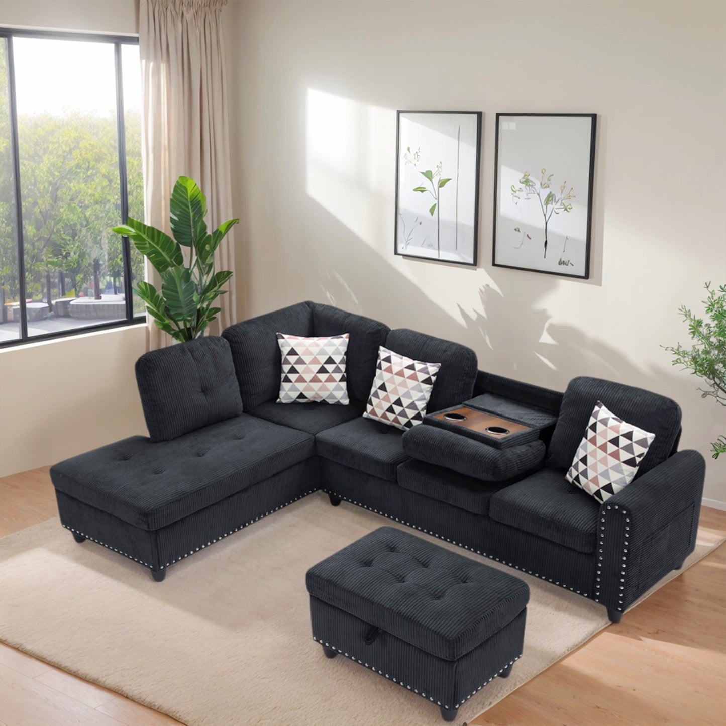 CAFORKP Oversized Modular Sectional Sofa, 94 inch L-Shaped Corduroy Couch with Movable Ottoman and 6 Seats
