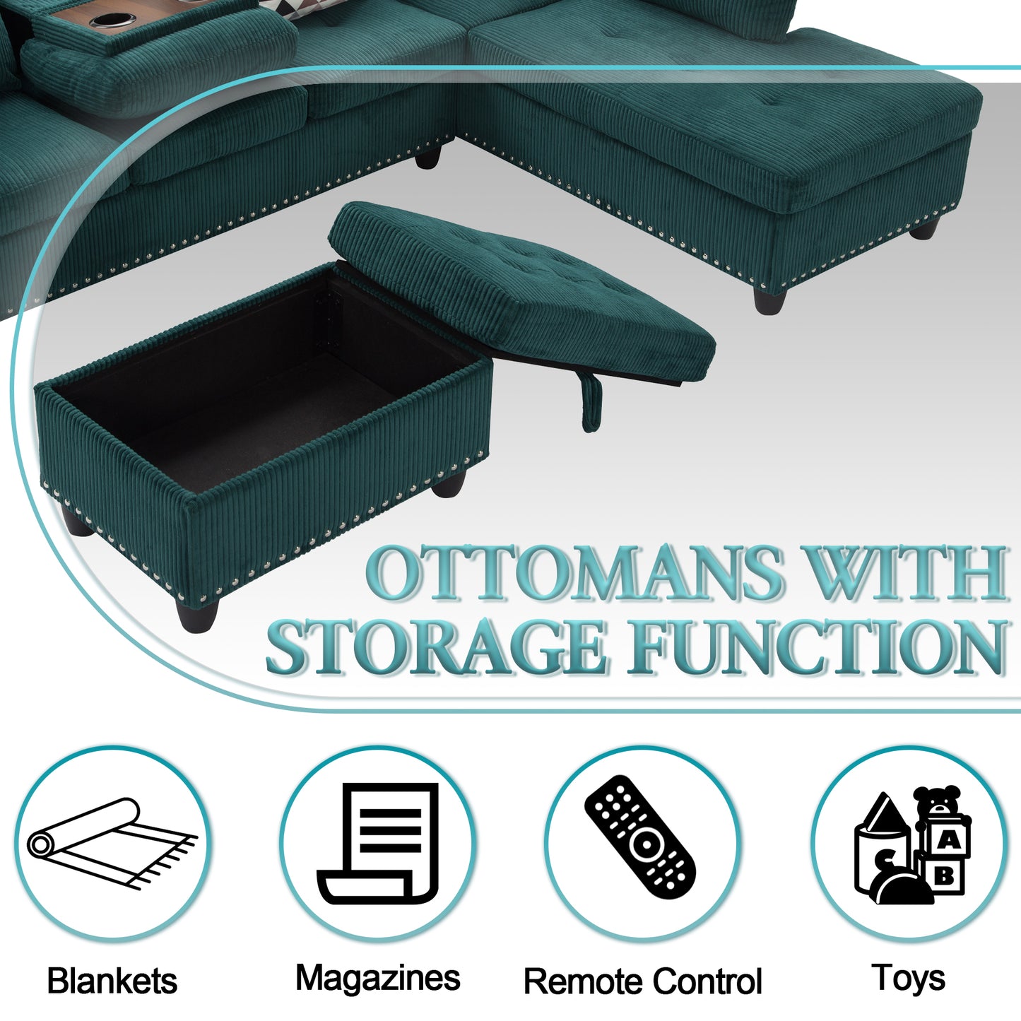 CAFORKP Oversized Modular Sectional Sofa, 94 inch L-Shaped Corduroy Couch with Movable Ottoman and 6 Seats