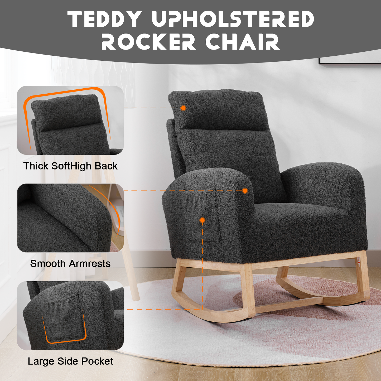 CAFORKP Upholstered Nursery Rocking Chair with High Back, Side Pocket, Wood Base, Dark Gray