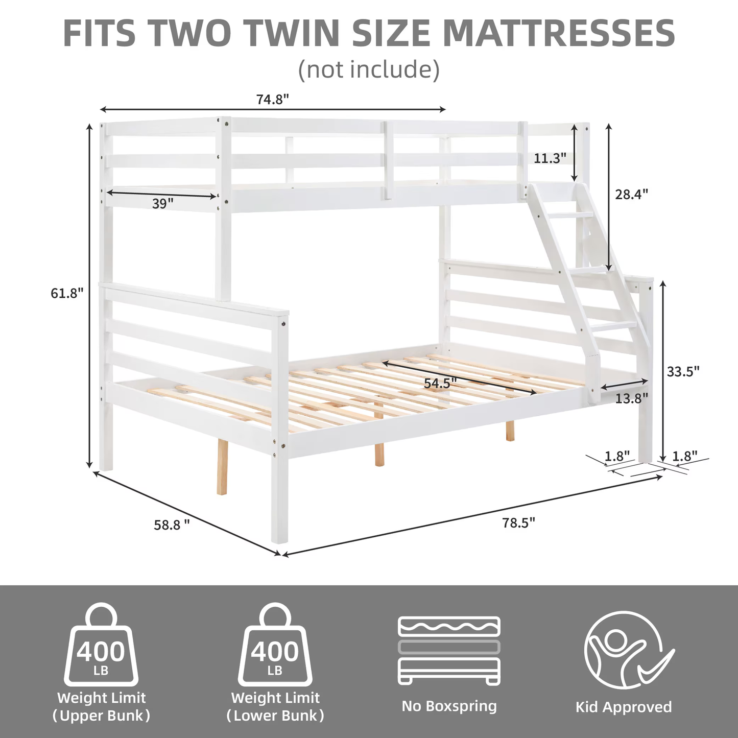 CAFORKP Solid Wood Twin Over Full Bunk Bed with Ladder and High Guardrail – Ideal for Kids & Teens, White