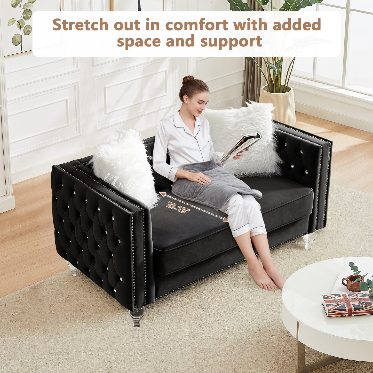 CAFORKP Velvet Loveseat Sofa, Solid Wood Frame, Polyester Upholstery, Foam Filled, Tufted, Black