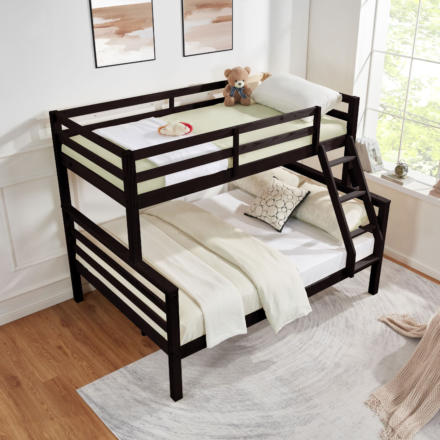 CAFORKP Twin Over Full Wooden Bunk Bed with Thick Posts, High Guardrail & Ladder for Kids, Brown