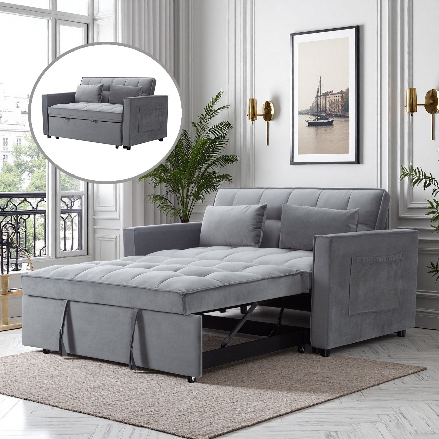 CAFORKP 55" Twin Size Pull-out Sleeper Sofa Bed with Reclining Back, Velvet Upholstery, Gray